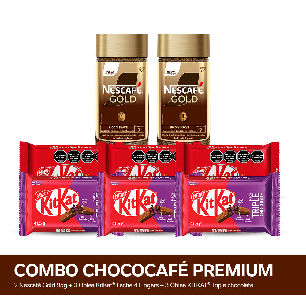 ¡Combo ChocoCafé Premium! Café Instantáneo NESCAFÉ® Gold x 95gr - x2 + Oblea KITKAT® Triple chocolate x 41.5gr x3 + Oblea KitKat® Leche 4 Fingers - 41,5gr x3