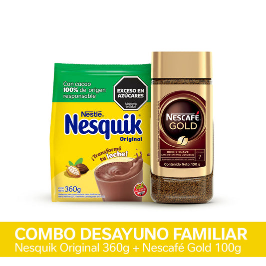 ¡Combo Desayuno Familiar! Café Instantáneo NESCAFÉ® Gold - Frasco x100gr + Nesquik® Original Chocolate en Polvo - Softpack x 360gr