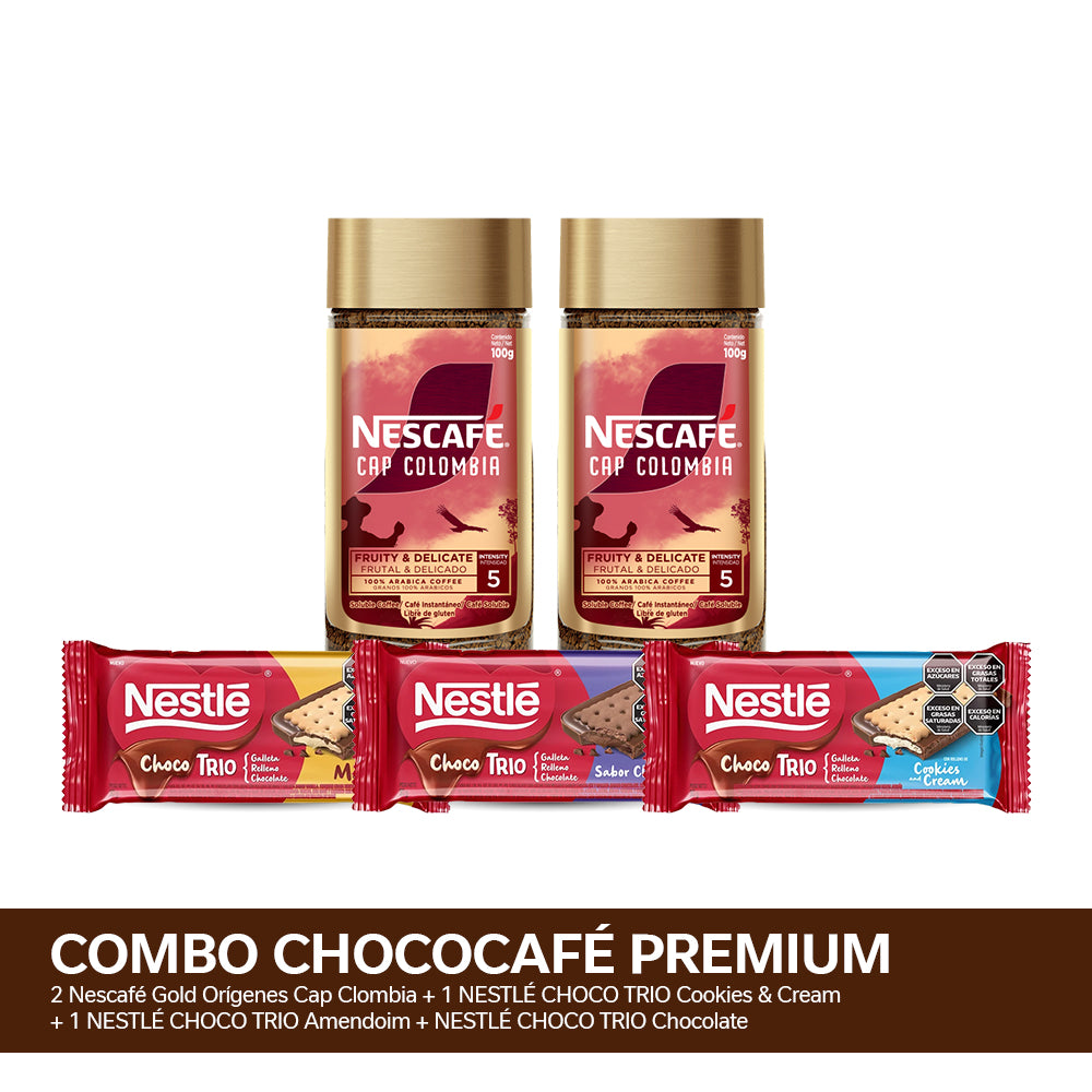 ¡Combo ChocoCafé Premium! Café Instantáneo NESCAFÉ® Gold Orígenes Colombia - Frasco x100gr x2u + NESTLÉ CHOCO TRIO 90 gr x3 Variedades