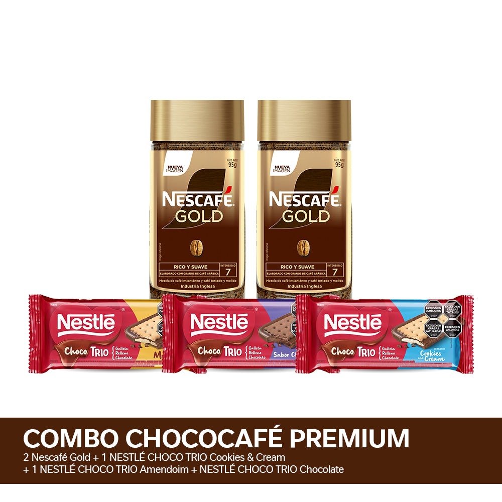 ¡Combo ChocoCafé Premium! Café Instantáneo NESCAFÉ® Gold x 95gr - x2u + NESTLÉ CHOCO TRIO 90 gr x3 Variedades