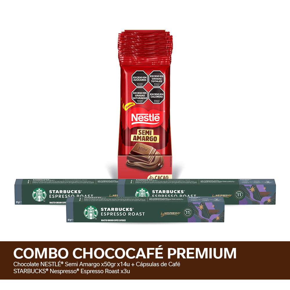 ¡Combo ChocoCafé Nespresso! Chocolate NESTLÉ® Semi Amargo x50gr x14u + Cápsulas de Café STARBUCKS® Nespresso® Espresso Roast x3u
