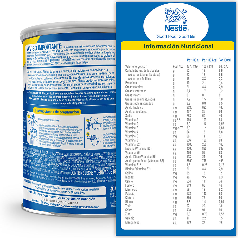 NIDINA® 2 Leche en Polvo Fórmula Infantil - Lata x 800gr