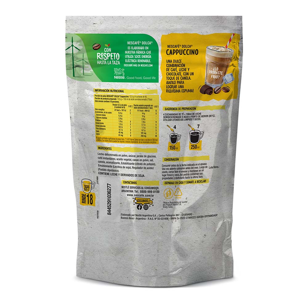 Café Instantáneo NESCAFÉ® Dolca® Mixes Cappuccino - Doypack x225gr
