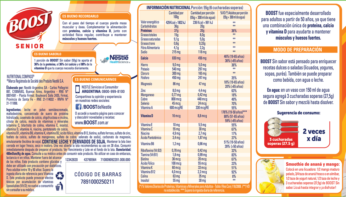 Suplemento nutricional BOOST SENIOR Sin sabor - Lata x 740gr