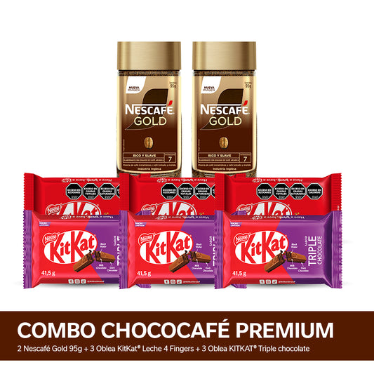 ¡Combo ChocoCafé Premium! Café Instantáneo NESCAFÉ® Gold x 95gr - x2 + Oblea KITKAT® Triple chocolate x 41.5gr x3 + Oblea KitKat® Leche 4 Fingers - 41,5gr x3
