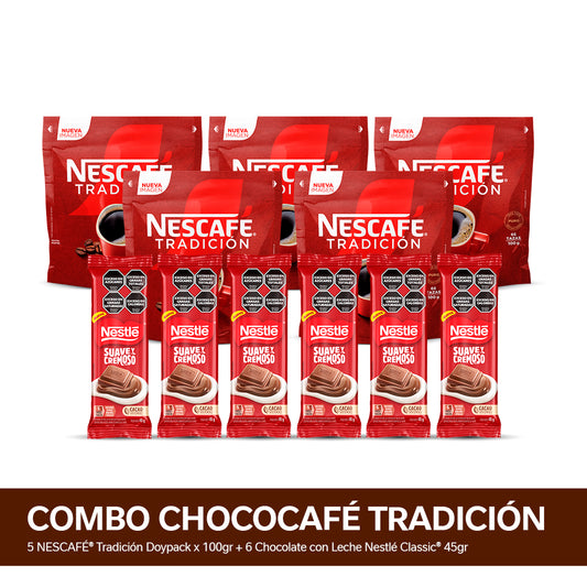 ¡Combo ChocoCafé Tradición! NESCAFÉ® Tradición Doypack x 100gr x5 + NESTLÉ® Chocolate con leche x45g x6
