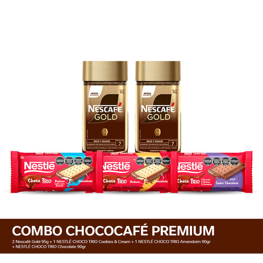 ¡Combo ChocoCafé Premium! Café Instantáneo NESCAFÉ® Gold x 95gr - x2u + NESTLÉ CHOCO TRIO 90 gr x3 Variedades