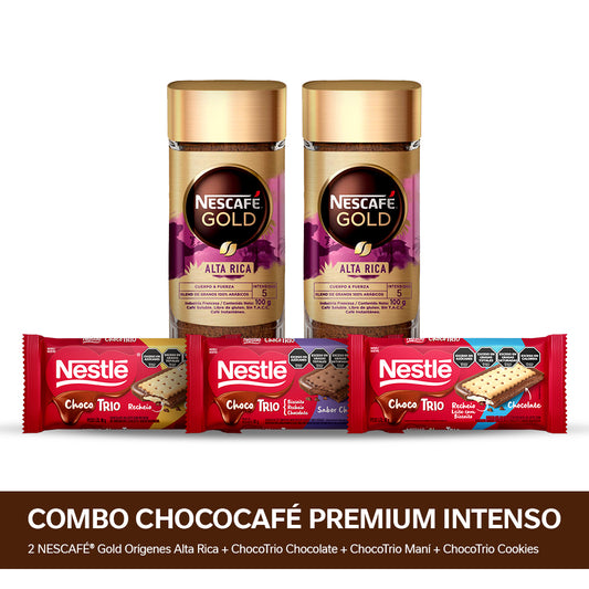 ¡Combo ChocoCafé Premium! Café Instantáneo NESCAFÉ® Gold Orígenes Alta Rica - Frasco 100gr x2u + NESTLÉ CHOCO TRIO 90 gr x3 Variedades