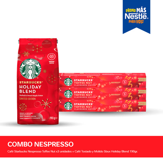 ¡Combo Nespresso®! Cápsulas de Café STARBUCKS®  Nespresso® Toffee Nut x 10 Cápsulas x3u + Café Tostado y Molido STARBUCKS® Holiday Blend - Softpack x 190gr