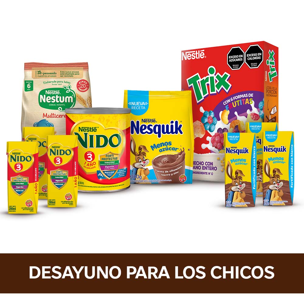 ¡Combo Desayuno para los chicos! NIDO 3, Trix, Nesquik Menos Azúcar, Nestum.