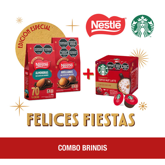 ¡Combo Brindis! Nestlé Avellanas con Chocolate Leche 80gr + Nestlé Almendras con Chocolate amargo 70% cacao 80gr + Cápsulas de Café STARBUCKS® by Dolce Gusto® Toffee Nut Latte x 12 Cápsulas
