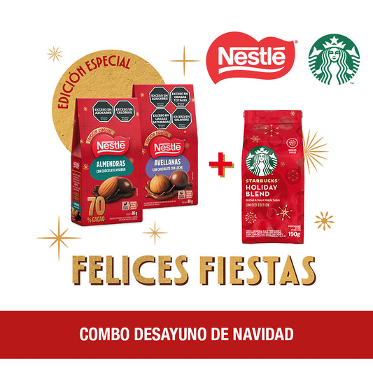 ¡Combo Desayuno de Navidad! Nestlé Avellanas con Chocolate Leche 80gr + Nestlé Almendras con Chocolate amargo 70% cacao 80gr + Café Tostado y Molido STARBUCKS® Holiday Blend - Softpack x 190gr