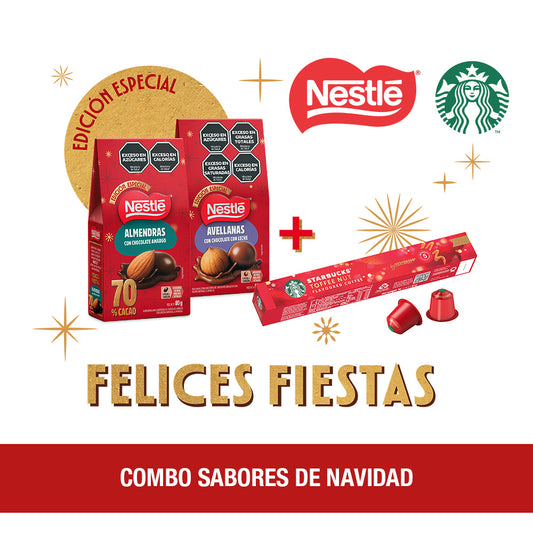 ¡Combo Sabores de Navidad! Nestlé Avellanas con Chocolate Leche 80gr + Nestlé Almendras con Chocolate amargo 70% cacao 80gr + Cápsulas de Café STARBUCKS® Nespresso® Toffee Nut x 10 Cápsulas