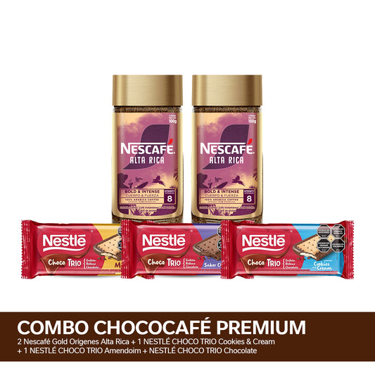 ¡Combo ChocoCafé Premium! Café Instantáneo NESCAFÉ® Gold Orígenes Alta Rica - Frasco 100gr x2u + NESTLÉ CHOCO TRIO 90 gr x3 Variedades