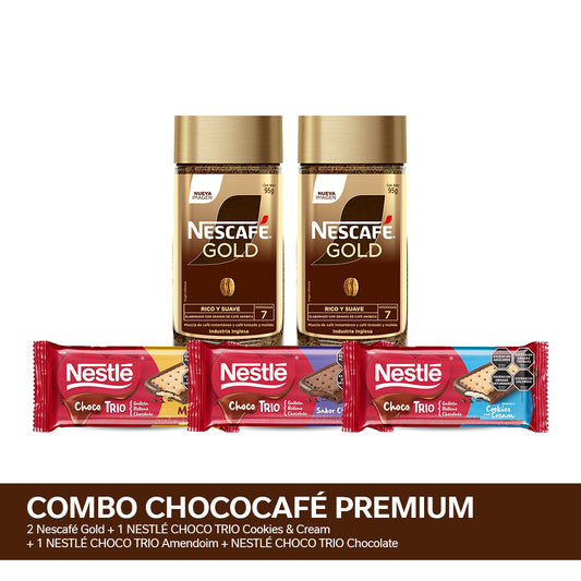 ¡Combo ChocoCafé Premium! Café Instantáneo NESCAFÉ® Gold x 95gr - x2u + NESTLÉ CHOCO TRIO 90 gr x3 Variedades