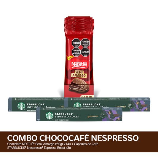 ¡Combo ChocoCafé Nespresso! Chocolate NESTLÉ® Semi Amargo x50gr x14u + Cápsulas de Café STARBUCKS® Nespresso® Espresso Roast x3u