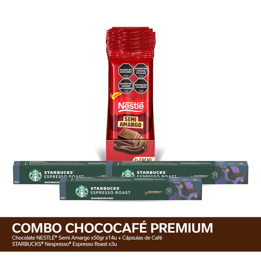 ¡Combo ChocoCafé Nespresso! Chocolate NESTLÉ® Semi Amargo x50gr x14u + Cápsulas de Café STARBUCKS® Nespresso® Espresso Roast x3u