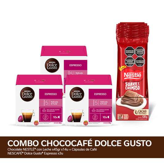 ¡Combo ChocoCafé Dolce Gusto Espresso! Chocolate NESTLÉ® con Leche x45gr x14u + Cápsulas de Café NESCAFÉ® Dolce Gusto® Espresso x3u