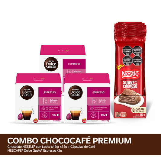 ¡Combo ChocoCafé Dolce Gusto Espresso! Chocolate NESTLÉ® con Leche x45gr x14u + Cápsulas de Café NESCAFÉ® Dolce Gusto® Espresso x3u