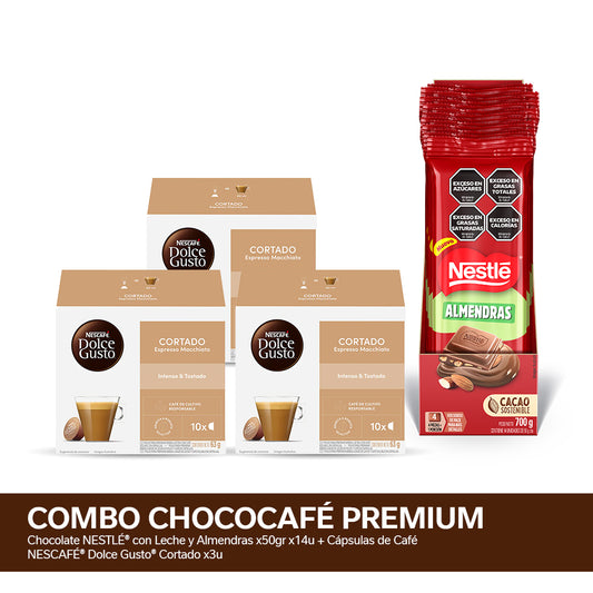 ¡Combo ChocoCafé Dolce Gusto Cortado! Chocolate NESTLÉ® con Leche y Almendras x 50gr x14u + Cápsulas de Café NESCAFÉ® Dolce Gusto® Cortado x3u