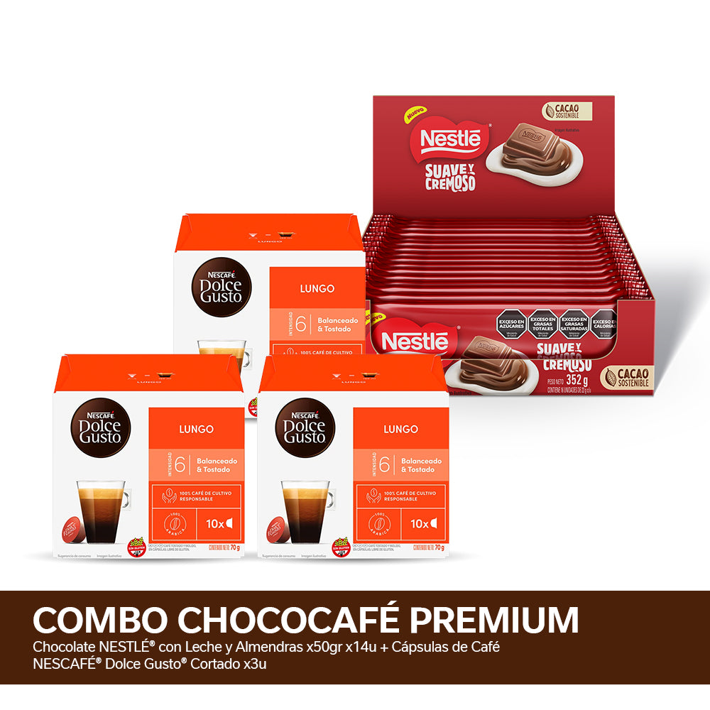 ¡Combo ChocoCafé Dolce Gusto Lungo! Chocolate NESTLÉ® con Leche x22gr x16u + Cápsulas de Café NESCAFÉ® Dolce Gusto® Lungo x3u