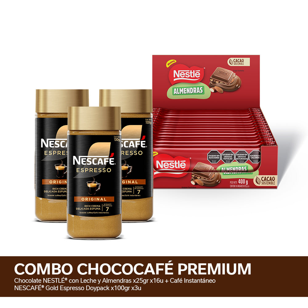 Imagen de ¡Combo Choco Espresso! Chocolate NESTLÉ® con Leche y Almendras x25gr x16u + Café Instantáneo NESCAFÉ® Gold Espresso Doypack x100gr x3u