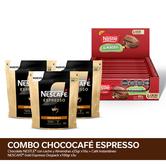 ¡Combo ChocoCafé Espresso! Chocolate NESTLÉ® con Leche y Almendras x25gr x16u + Café Instantáneo NESCAFÉ® Gold Espresso Doypack x100gr x3u