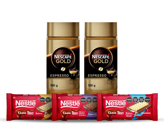 ¡Combo ChocoCafé Espresso Premium! Café Instantáneo NESCAFÉ® Gold Espresso - Frasco x100gr - x2u + NESTLÉ CHOCO TRIO 90 gr x3 Variedades