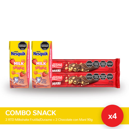 ¡Combo Snack! Nesquik® Milkshake Frutilla / Durazno Listo para Tomar 190ml. x2u + Nestlé Chocolate con Maní x2u