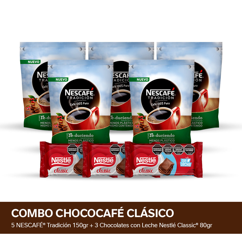 ¡Combo ChocoCafé Clásico! Café Instantáneo NESCAFÉ® Tradición - Doypack 150gr x5 + Chocolate con Leche Nestlé Classic® - 80gr x3