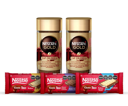 ¡Combo ChocoCafé Premium! Café Instantáneo NESCAFÉ® Gold Orígenes Colombia - Frasco x100gr x2u + NESTLÉ CHOCO TRIO 90 gr x3 Variedades