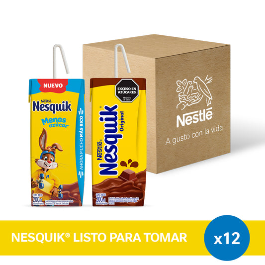 ¡Pack x12! Nesquik® Original / Menos Azúcar Listo para Tomar x 200ml.