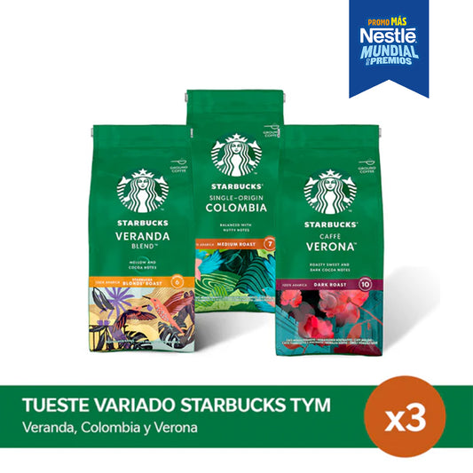 ¡Combo Variedades! Café Tostado y Molido STARBUCKS® x 3 tipos de tueste