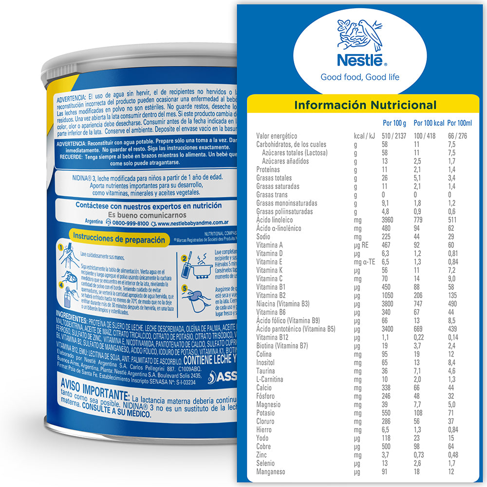 Nestlé NIDINA Leche Para Lactantes en polvo de 0 a 6 Meses Pack de 3 x 800  g, Total: 3,22 kg : : Alimentación y bebidas