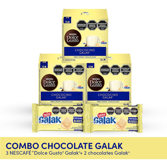 ¡Combo Chococafé GALAK! Cápsulas de Chocolate NESCAFÉ® Dolce Gusto® Galak - x 10 Cápsulas x 3u + Chocolate Blanco Nestlé Galak® - x 80gr x 2u