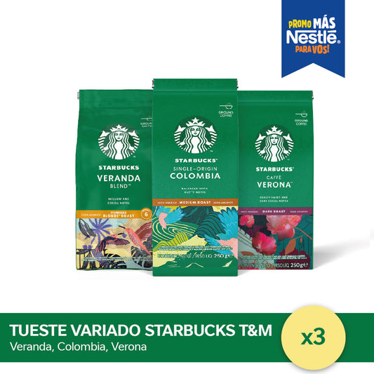 ¡Combo Variedades! Café Tostado y Molido STARBUCKS® x 3 tipos de tueste