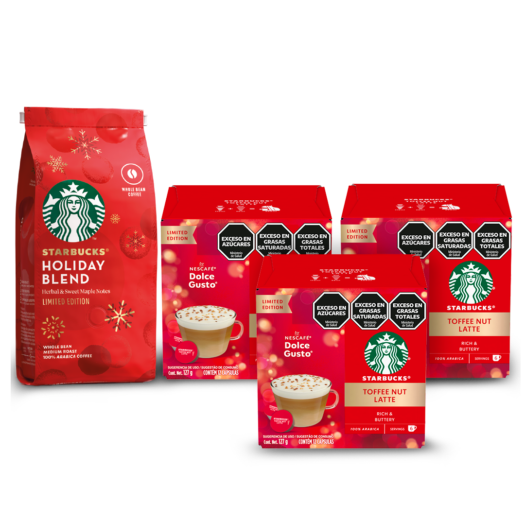 ¡Combo Navideño NESCAFÉ® Dolce Gusto®! Café Tostado y Molido STARBUCKS® Holiday Blend - Softpack x 190gr + Cápsulas de Café STARBUCKS® by Dolce Gusto® Toffee Nut Latte x 12 Cápsulas x 3u