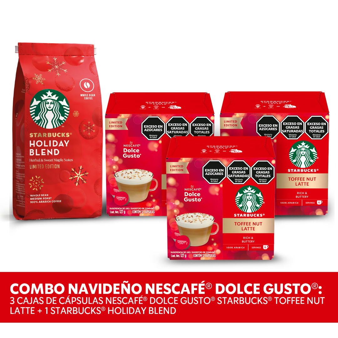 ¡Combo Navideño NESCAFÉ® Dolce Gusto®! Café Tostado y Molido STARBUCKS® Holiday Blend - Softpack x 190gr + Cápsulas de Café STARBUCKS® by Dolce Gusto® Toffee Nut Latte x 12 Cápsulas x 3u