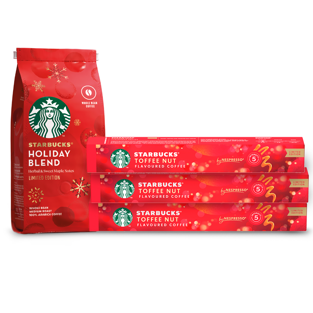 ¡Combo Navideño Nespresso®! Cápsulas de Café STARBUCKS®  Nespresso® Toffee Nut x 10 Cápsulas x3u + Café Tostado y Molido STARBUCKS® Holiday Blend - Softpack x 190gr