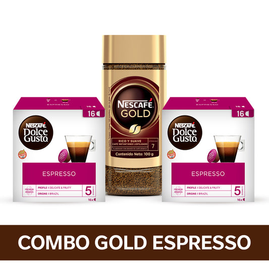 ¡Combo Gold Espresso! Cápsulas de Café NESCAFÉ® Dolce Gusto® Espresso x 2 Cajas + NESCAFÉ® Gold