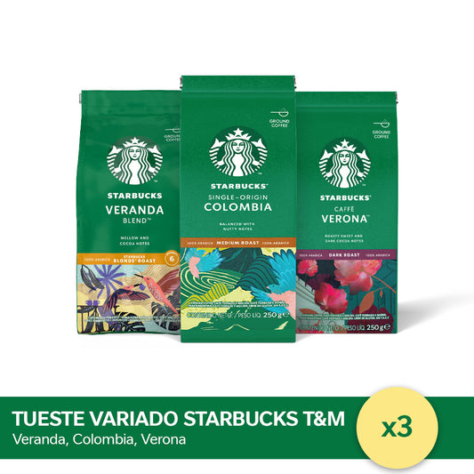 ¡Combo Variedades! Café Tostado y Molido STARBUCKS® x 3 tipos de tueste