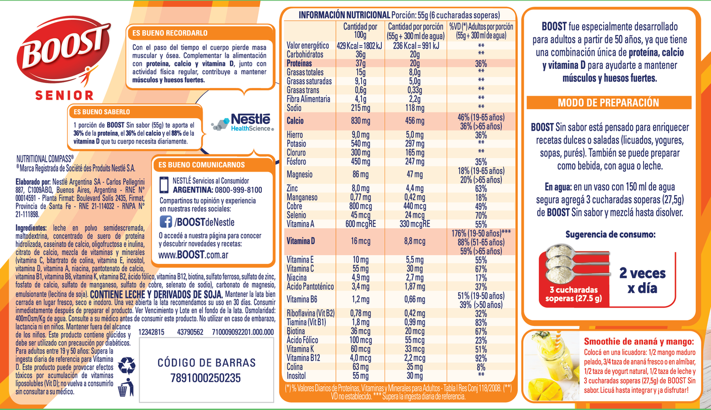 Suplemento nutricional BOOST SENIOR Sin sabor - Lata x 370gr